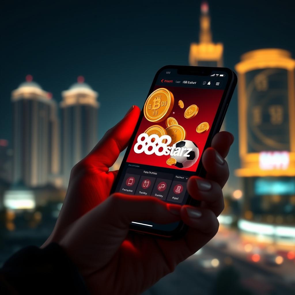 A hand holding a high-end smartphone displaying the official 888starz app with a red and black interface, background is the Tashkent City skyline and Hilton hotel towers at night with golden bokeh lights, 3D golden coins and a soccer ball popping out of t